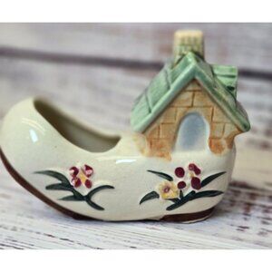 Vintage Occupied Japan Ceramic Shoe House Planter With Floral Design, antique fl
